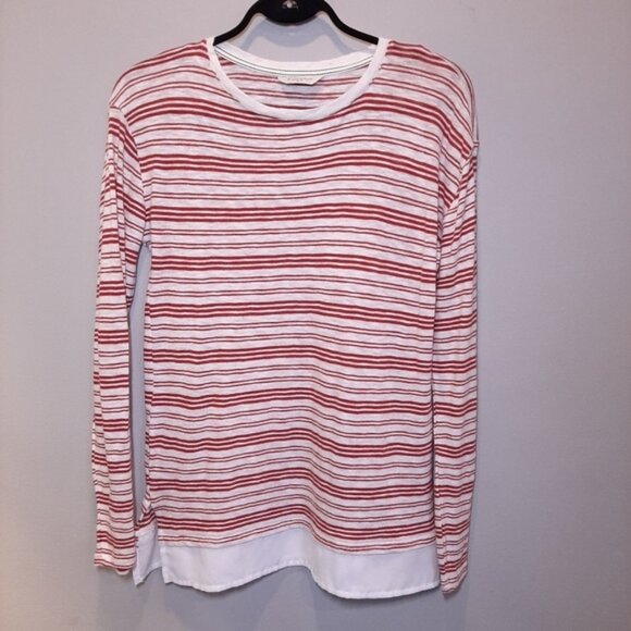 3/$20 Denver Hayes Striped Knit Top Faux Layered Hem Cotton Burgundy White - Picture 11 of 13